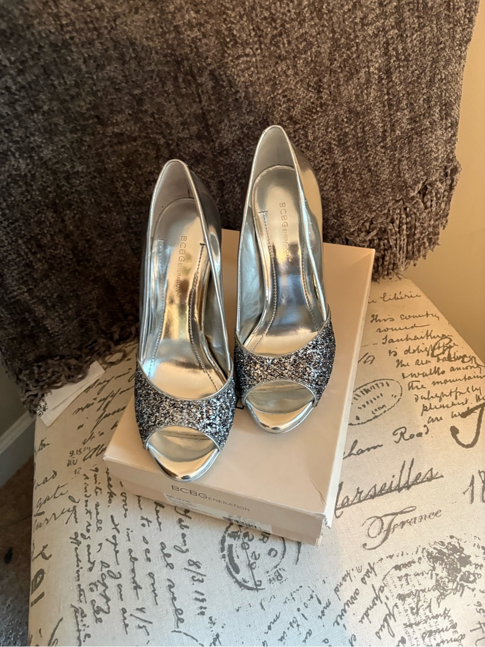 BCBG Silver Glitter Peep-Toe Pumps